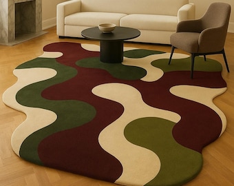 Abstract Organic Shape Rug, Modern Wave Carpet, Green Burgundy Living Room Decor