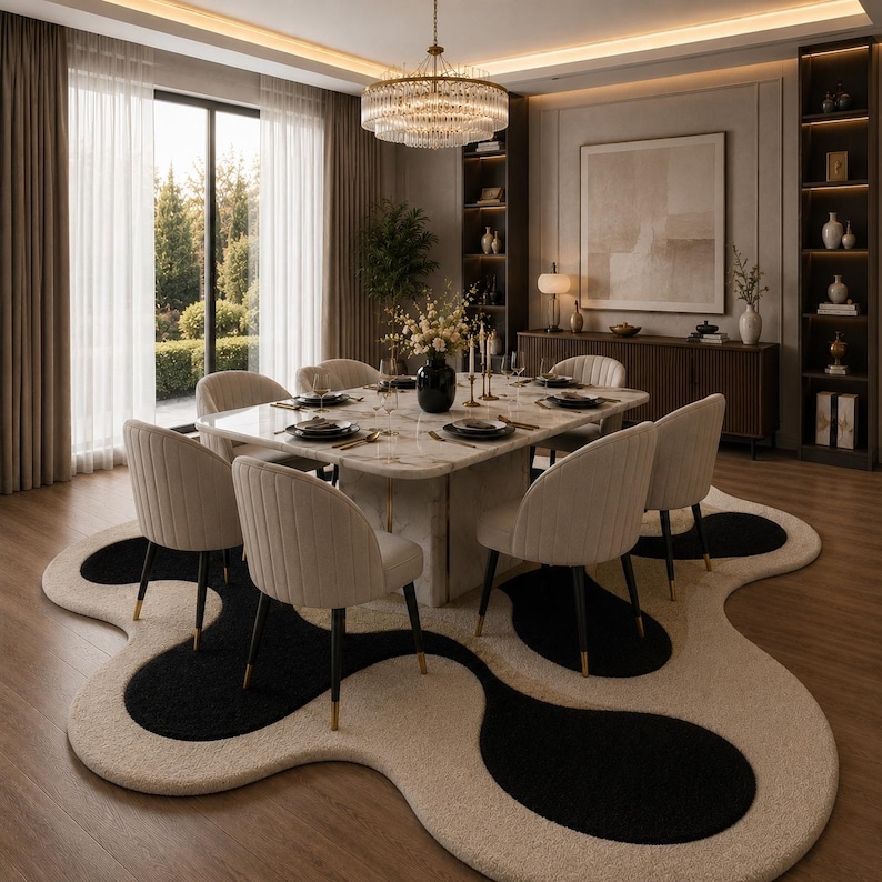 May include: A modern dining room featuring a square marble table set for a meal, surrounded by beige upholstered chairs with black legs. A unique rug with black and beige organic shapes sits beneath the table. A large chandelier hangs above.