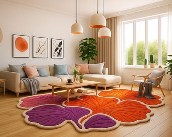 Hand Tufted Abstract Floral Rug | Purple Orange Wool Area Rug | Modern Sculpted Carpet | Living Room Bedroom Decor | Organic Flower Pattern