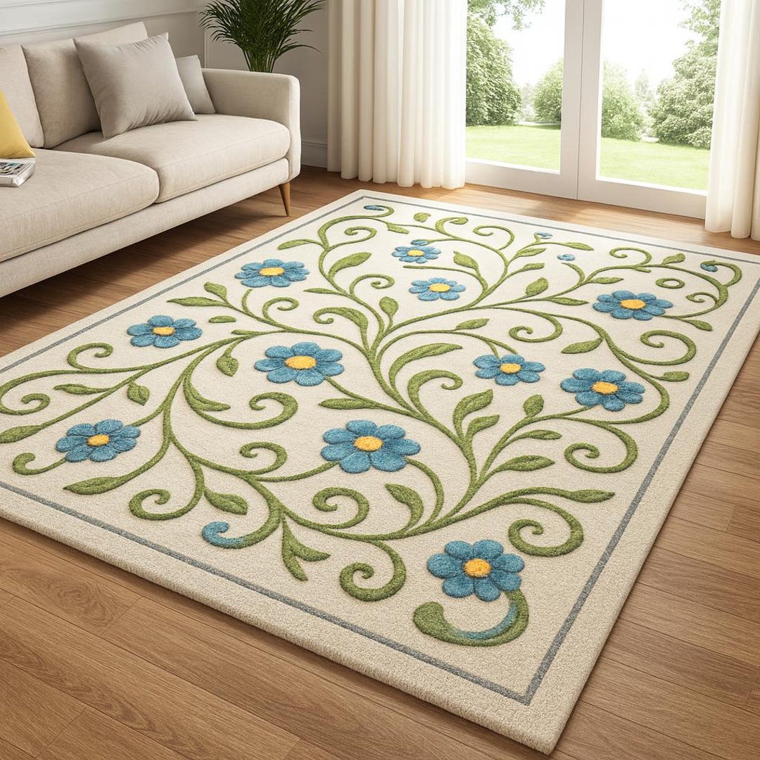 Blue Floral Area Rug, Botanical Flower Rug, Hand Tufted Wool Rug ...