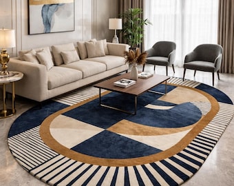 Hand Tufted Wool Rug | Modern Geometric Oval Area Rug | Blue Beige Living Room Carpet | Luxury Designer Rug | Art Deco Home Decor
