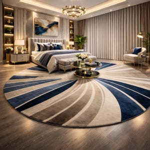 May include: A large circular area rug featuring a radial pattern of alternating navy blue, light gray, and beige curved stripes. The rug is positioned on a dark wood floor in a bedroom setting, centered beneath a round glass coffee table.