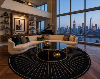 Hand Tufted Black & Gold Rug | Luxury Round Wool Area Rug | Modern Sunburst Carpet | Living Room Decor | Elegant Contemporary Design