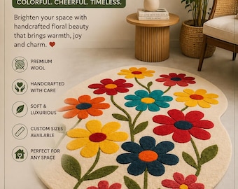 Hand Tufted Floral Flower Rug | Multicolor Wool Area Rug | Modern Sculpted Carpet | Living Room Bedroom Decor | Botanical Flower Pattern