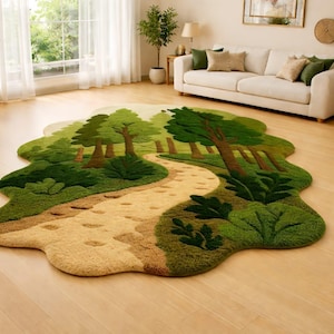 May include: A whimsical, forest-themed area rug. The rug features a winding path through a stylized forest with green trees and foliage. The path is a light tan color, and the trees are various shades of green.