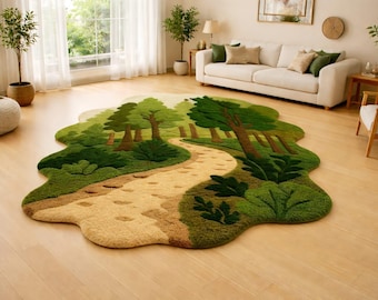 Forest Landscape Tufted Rug, Nature Inspired Moss Green Area Rug, Woodland Path Irregular Rug, Handmade Luxury Living Room Carpet