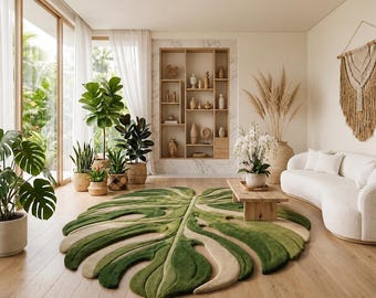 Large Monstera Leaf Rug, Handmade Tufted Wool Area Rug, Tropical Botanical Green Carpet, Luxury Living Room Rug, Modern Nature Home Decor