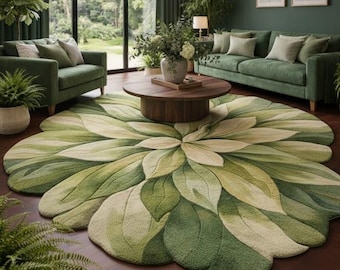 Hand Tufted Wool Rug – Botanical Leaf Flower Area Rug, Organic Shape Green Rug, Nature Inspired Living Room Carpet