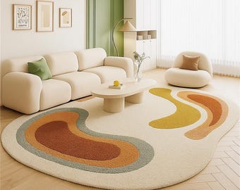 Handgetuft organisch vloerkleed | Roestbruin-mosterdkleurig wollen vloerkleed | Modern abstract tapijt | Woonkamer- en slaapkamerdecoratie | Gevormd golfdesign