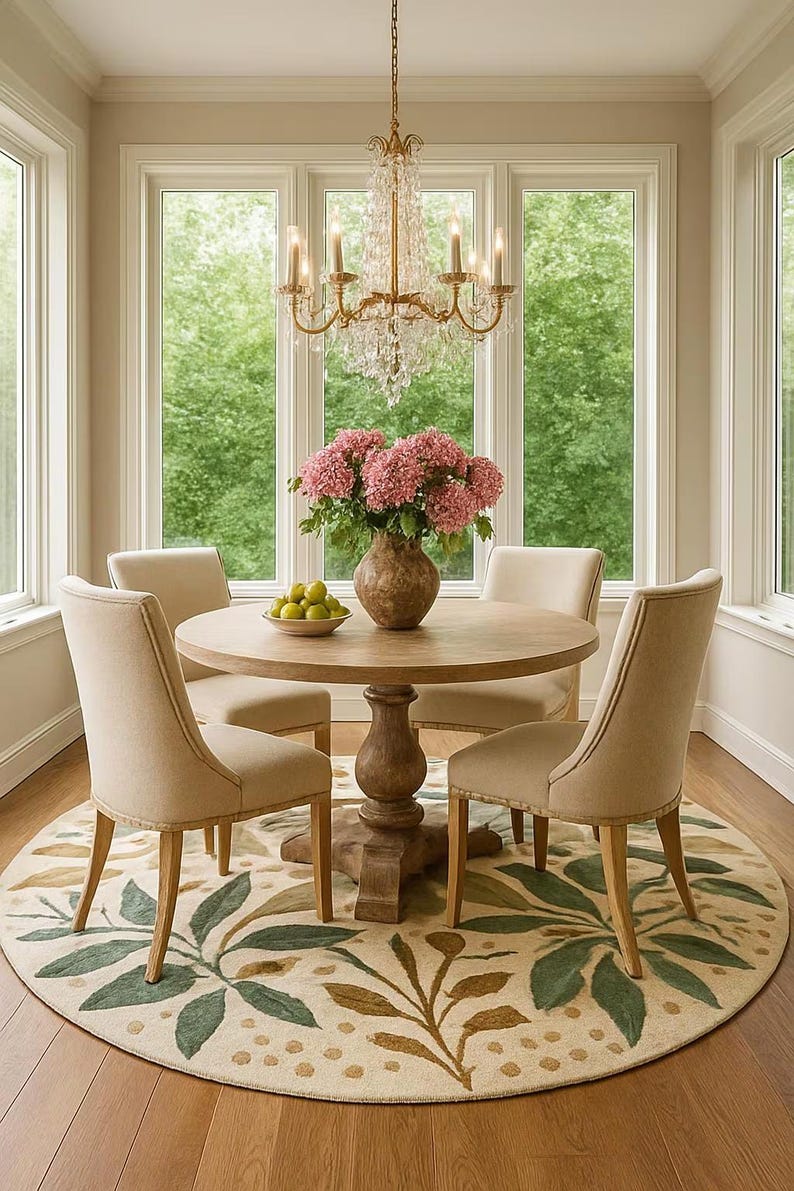 Hand Tufted Wool Rug Botanical Round Area Rug Floral Leaf Rug Dining ...