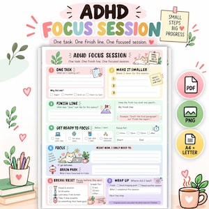 Sessione di focalizzazione sull'ADHD stampabile, foglio di lavoro per la scomposizione dei compiti, brainstorming e pianificazione della produttività, PDF PNG