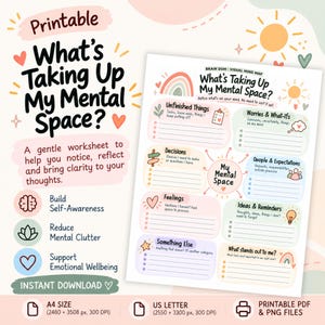 Könnte beinhalten: Ein druckbares Arbeitsblatt mit dem Titel What's Taking Up My Mental Space? das eine zentrale Mindmap mit Kategorien wie Unfinished Things, Worries, Decisions, People, Feelings, Ideas und Reminders sowie pastellfarbene Symbole und Linien enthält.