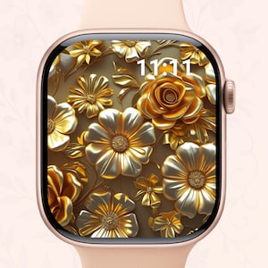 Gold Floral Apple Watch Wallpaper: Luxury Metallic Flower Watch Face (Digital Download