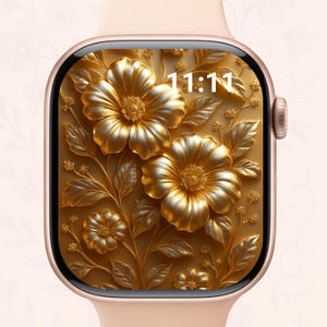 Gold Floral Apple Watch Wallpaper: Luxury Metallic Flower Watch Face (Digital Download
