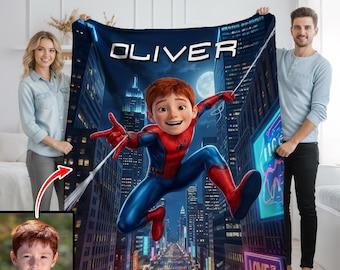 Gepersonaliseerde Spider Hero-deken met foto en naam, aangepaste superheld kinderdeken, verjaardagscadeau voor kinderen fluwelen pluche deken
