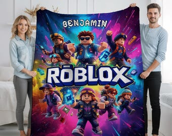 Koc Roblox z imieniem, spersonalizowany koc dla dzieci i graczy, miękki i przytulny pled, 3 rozmiary, spersonalizowany prezent Roblox dla chłopców i dziewcząt