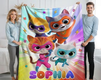 Personalized SuperKitties Blanket, Custom Super Kitties Throw, Cat Superhero Blanket, Kids Gift, Cozy Cartoon Blanket for Boys & Girls