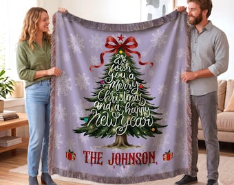 Personalized Christmas Tree Woven Blanket, Custom Family Name Throw, We Wish You a Merry Christmas, Happy New Year Gift, Holiday Home Decor