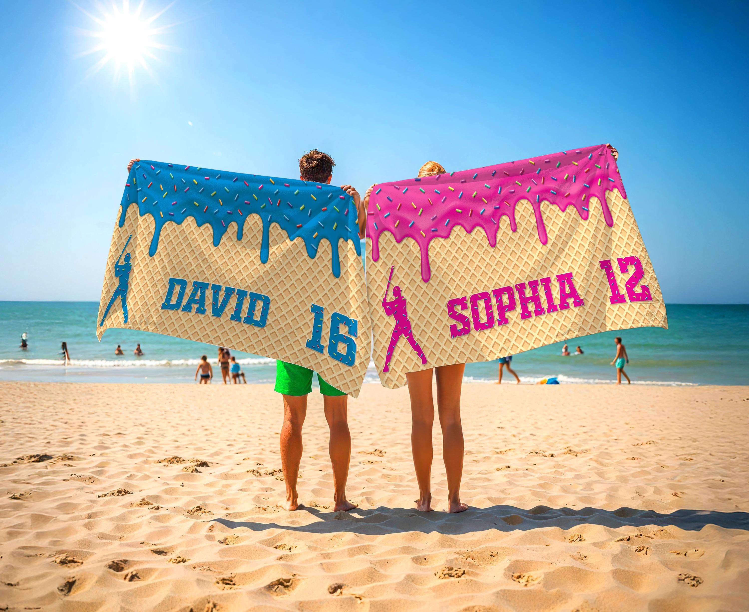 Personalized Ice Cream Drip Baseball Beach Towel for Boys, Custom Sports Towel, Kids Summer Gift, Team Beach Towel, Teen Pool Gift