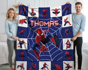 Personalized Superhero Blanket, Custom Spider Hero Throw Blanket, Cartoon Kids Blanket, Superhero Gift for Kids, Personalized Name Blanket