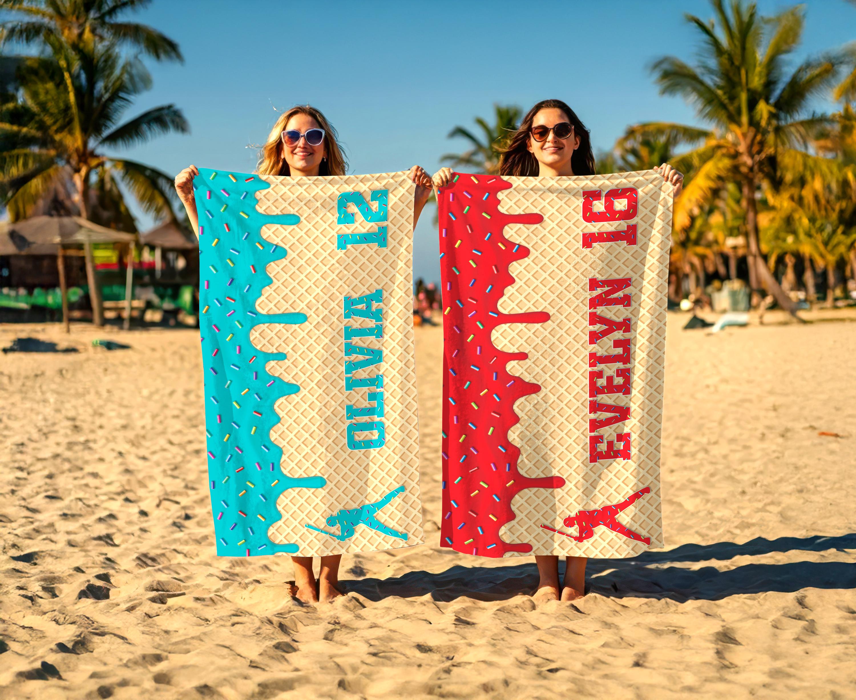 Personalized Ice Cream Drip Baseball Beach Towel for Boys, Custom Sports Towel, Kids Summer Gift, Team Beach Towel, Teen Pool Gift