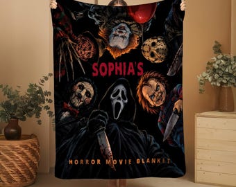 Personalized Horror Movie Blanket, Custom Slasher Throw with Name, Masked Killer & Horror Doll Blanket, Halloween Gift, Couple Movie