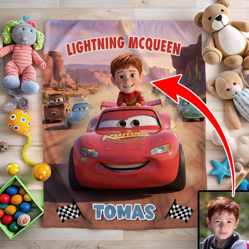 Spersonalizowany koc samochodowy Disney Lightning McQueen ze zdjęciem, koc Disney Pixar, prezent urodzinowy z welurowego pluszu zdjęcie 5