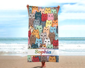 Personalized Cat Beach Towel, Custom Pet Lover Pool Towel, Summer Vacation Gift
