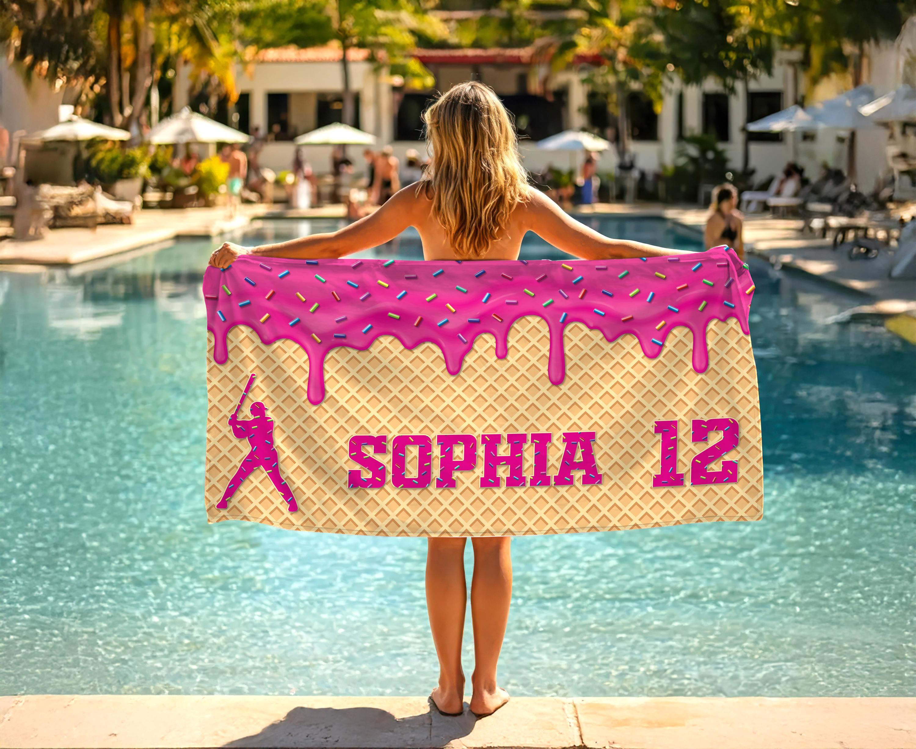 Personalized Ice Cream Drip Baseball Beach Towel for Boys, Custom Sports Towel, Kids Summer Gift, Team Beach Towel, Teen Pool Gift