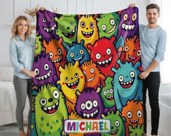 Personalized Cute Monster Blanket, Custom Baby Blanket with Name, Colorful Cartoon Monster Throw for Kids, Cozy Nursery Birthday Gift