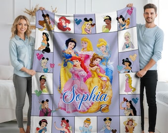Personalized Disney Princess Blanket, Custom Elsa Anna Rapunzel Snow White Princess Throw, Baby Girl Gift, Magical Disney Blanket
