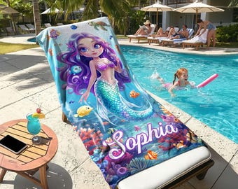 Personalized Mermaid Beach Towel, Custom Kids Pool Party Favor