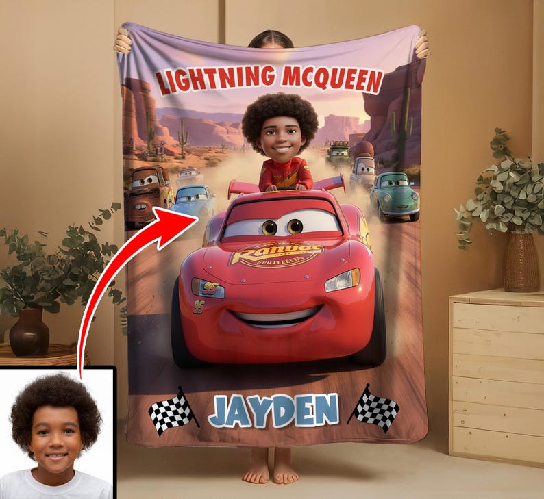 Spersonalizowany koc samochodowy Disney Lightning McQueen ze zdjęciem, koc Disney Pixar, prezent urodzinowy z welurowego pluszu zdjęcie 4