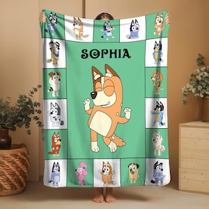 Personalized Bluey Blanket with Custom Name, Blue Dog Blanket for Kids, Cute Bluey Blanket Gift for Girls and Boys, Child Cozy Throw