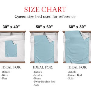 Może przedstawiać: Tabela rozmiar&oacute;w pokazująca trzy rozmiary koc&oacute;w: 76 cm x 102 cm, 127 cm x 152 cm i 152 cm x 203 cm. Każdy koc jest wyświetlany na ł&oacute;żku. Tekst "SIZE CHART" i "Queen size bed used for reference" znajdują się na g&oacute;rze.