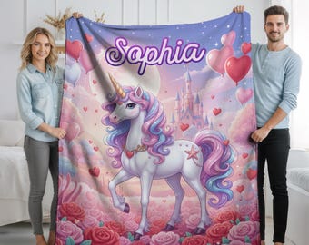 Personalized Unicorn Throw Blanket, Plush Purple Kids Blanket