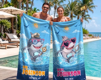 Personalized Shark Couple Beach Towels, Custom Mr and Mrs Beach Towel Set, Honeymoon Pool Towels, Wedding Anniversary Gift for Couples
