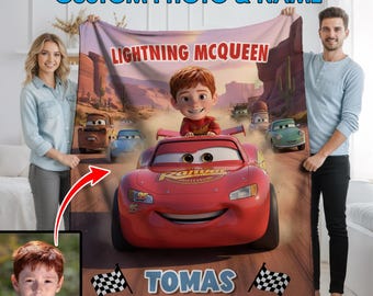 Personalized Disney Lightning McQueen Car Blanket with Photo, Disney Pixar Blanket, Birthday Gift Velveteen Plush Blanket