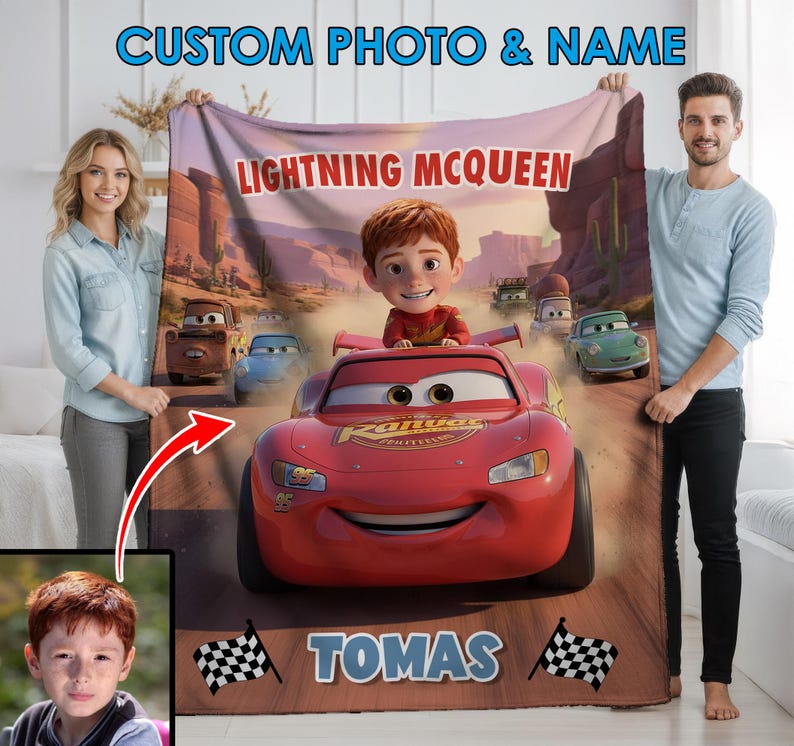Spersonalizowany koc samochodowy Disney Lightning McQueen ze zdjęciem, koc Disney Pixar, prezent urodzinowy z welurowego pluszu zdjęcie 1
