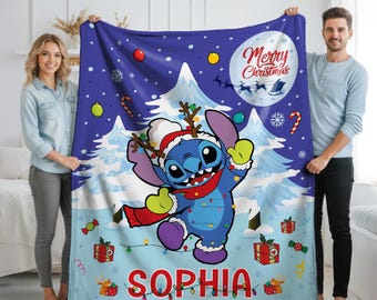 Personalized Stitch Christmas Blanket, Custom Lilo & Stitch Throw, Ohana Means Family Holiday Gift, Christmas Blanket for Kids