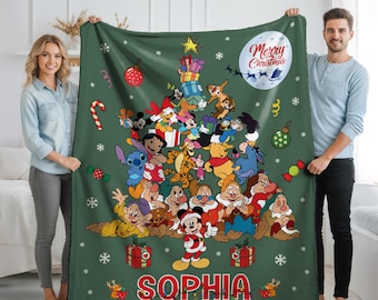Personalized Mickey and Friends Christmas Blanket, Family Holiday Gift, Christmas Blanket for Kids, Birthday Gift, Cozy Disney Home Decor