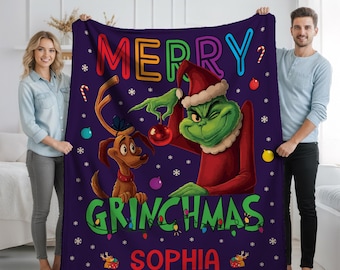 Personalized Grinch Blanket with Name, Custom Christmas Throw Blanket for Kids, Funny Cartoon Holiday Blanket, Cozy Xmas Gift for Boys&Girls