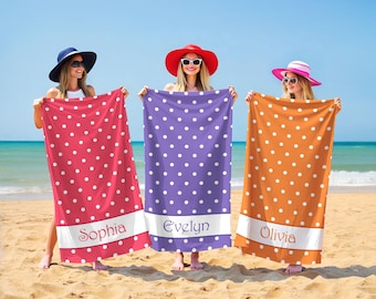 Personalized Polka Dot Beach Towel, Custom Name Beach Towel, Dot Print Pool Towel, Bride Beach Towel, Summer Vacation Gift