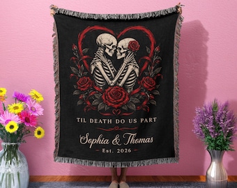 Personalized Skeleton Couple Blanket, Till Death Do Us Part Throw, Goth Halloween Blanket, Spooky Wedding Gift, Valentine & Anniversary Gift