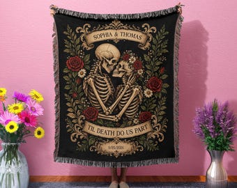 Personalized Skeleton Couple Blanket, Till Death Do Us Part Throw, Goth Halloween Blanket, Spooky Wedding Gift, Valentine & Anniversary Gift