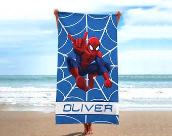 Personalized Superhero Beach Towel, Custom Spider Hero Pool Towel, Cartoon Movie Bath Towel, Kids Summer Beach Gift, Personalized Name Towel