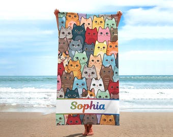 Personalized Cat Beach Towel, Custom Pet Lover Pool Towel, Summer Vacation Gift
