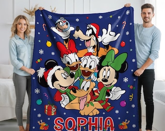 Personalized Mickey and Friends Christmas Blanket, Family Holiday Gift, Christmas Blanket for Kids, Birthday Gift, Cozy Disney Home Decor
