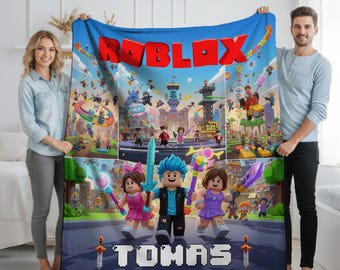Roblox Blanket with Name, Personalized Blanket for Kids & Gamers, Soft Cozy Throw, 3 Sizes, Custom Roblox Gift for Boys Girls