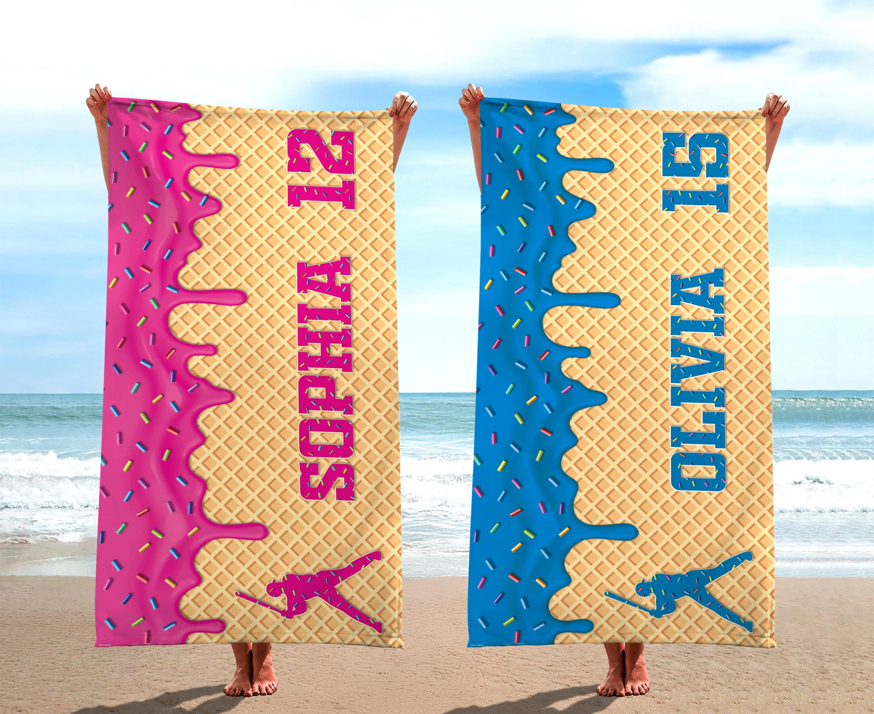 Personalized Ice Cream Drip Baseball Beach Towel for Boys, Custom Sports Towel, Kids Summer Gift, Team Beach Towel, Teen Pool Gift